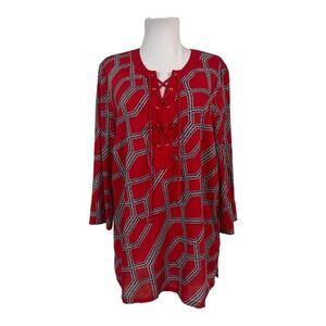 Charter Club Petite Large PL Tunic Blouse Red Blue Nautical V-Neck 3/4 Sleeves